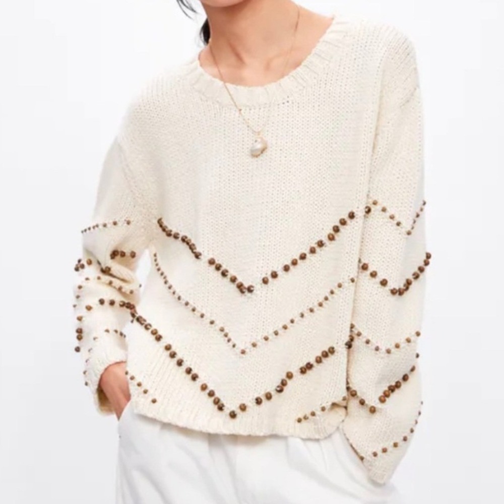 Zara Women Cream Beaded Chevron Knit Sweater Wood Bead Embellished Pullover Boho